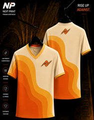 Retro orange and yellow wave sublimation V-neck sports jersey front and back by Next Print