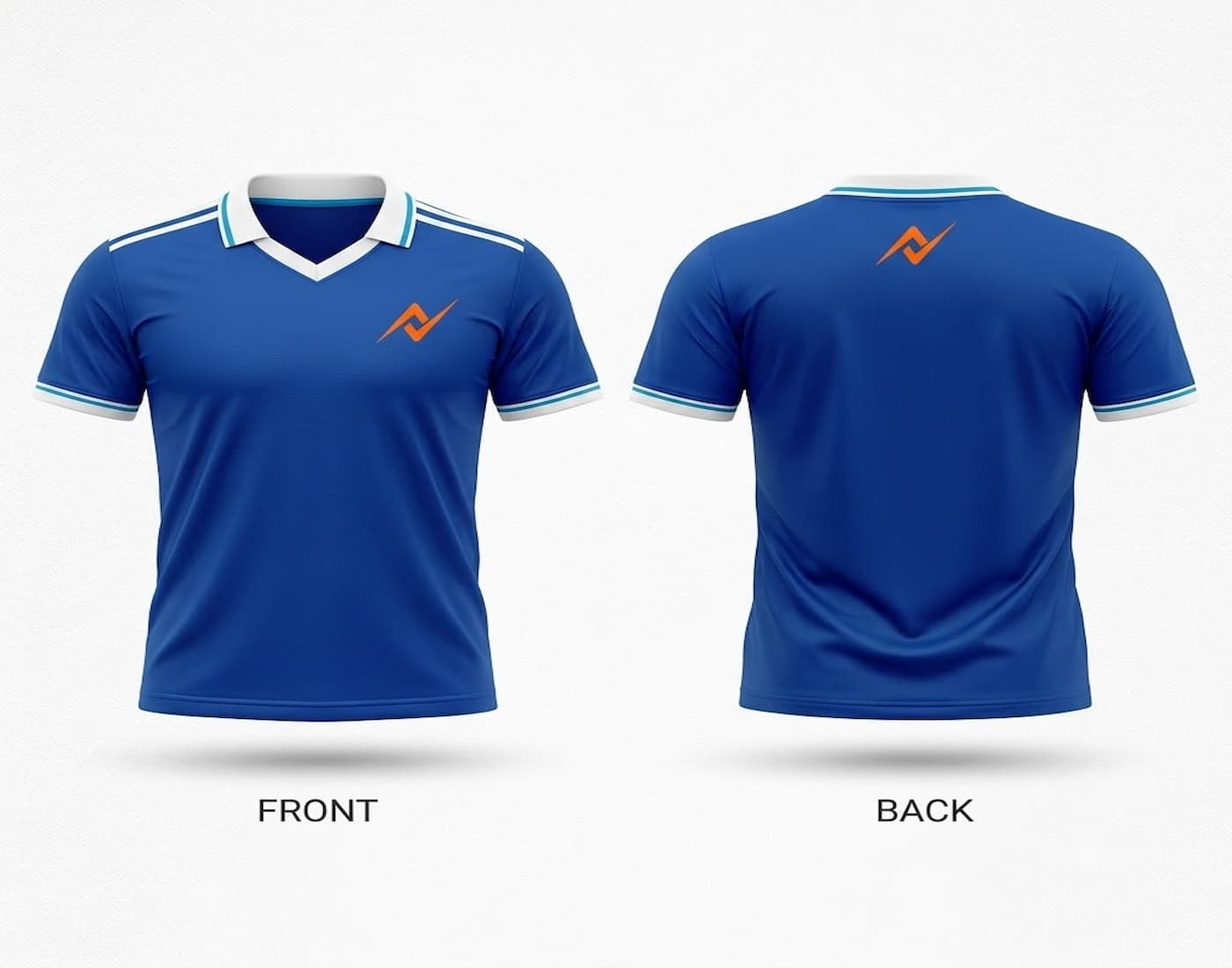 Front and back view of a royal blue classic V-neck cricket jersey with white collar, white sleeve accents, and orange chest and back logos.