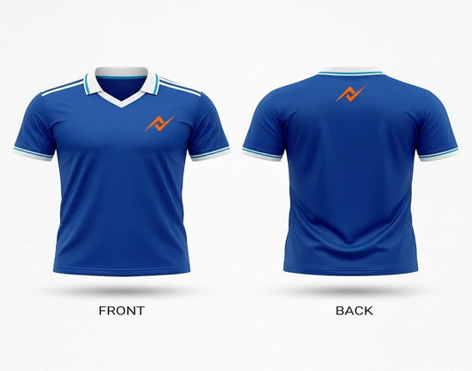 Front and back view of a royal blue classic V-neck cricket jersey with white collar, white sleeve accents, and orange chest and back logos.
