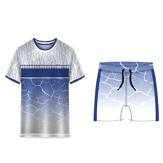 Royal blue frost sports jersey with white shorts front view