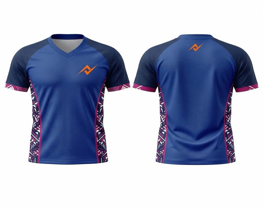 Front and back view of a royal blue V-neck cricket jersey with navy raglan sleeves, magenta geometric side panels, and orange chest and back logos.