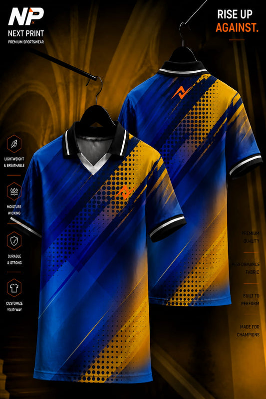 Front and back view of a royal blue and gold diagonal stripe polo sports jersey with halftone graphics and premium dry-fit fabric.
