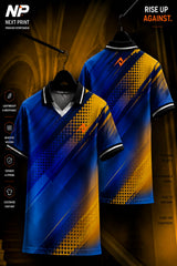 Front and back view of a royal blue and gold diagonal stripe polo sports jersey with halftone graphics and premium dry-fit fabric.