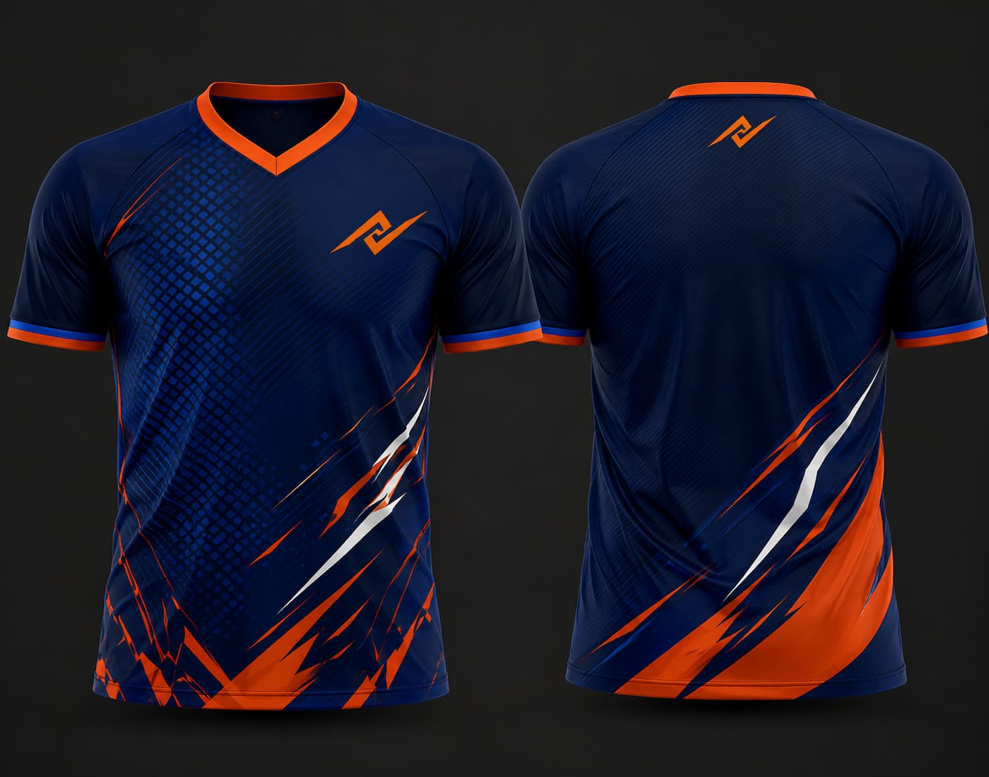 Royal blue and orange custom V-neck cricket jersey featuring dynamic orange and white brush-stroke graphics with logo on the chest and below the back neck, shown in front and back view.