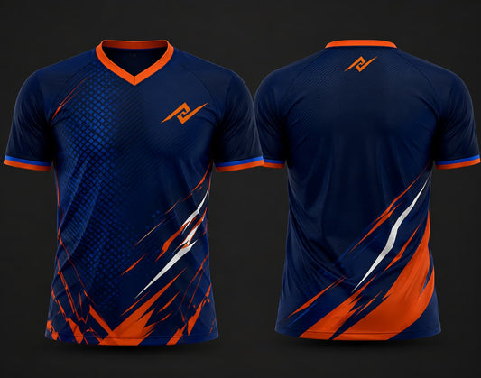 Royal blue and orange custom V-neck cricket jersey featuring dynamic orange and white brush-stroke graphics with logo on the chest and below the back neck, shown in front and back view.