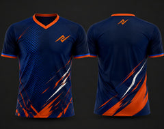 Royal blue and orange custom V-neck cricket jersey featuring dynamic orange and white brush-stroke graphics with logo on the chest and below the back neck, shown in front and back view.