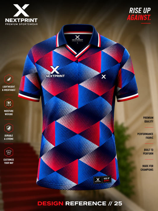 Royal blue, red, and white V-neck cricket jersey featuring a modern geometric cube pattern with premium moisture-wicking performance fabric.