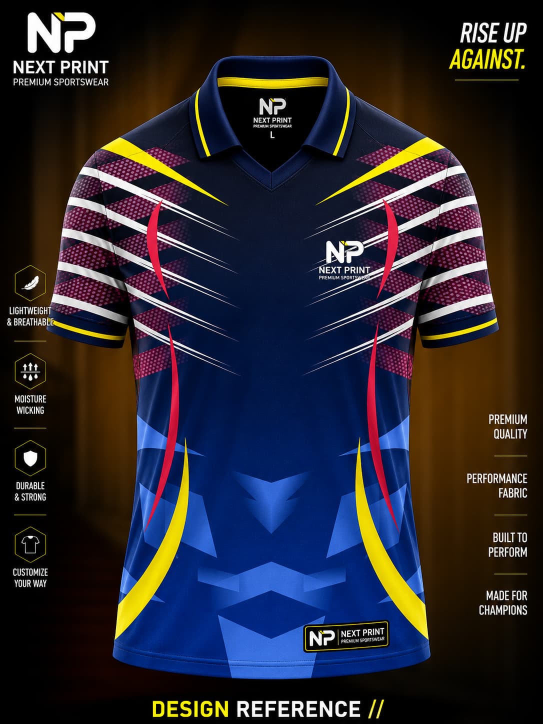 Royal blue polo sports jersey with yellow, red, white, and maroon geometric accents made from premium dry-fit performance fabric.