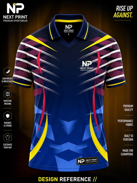 Royal blue polo sports jersey with yellow, red, white, and maroon geometric accents made from premium dry-fit performance fabric.