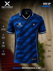 Royal blue V-neck cricket jersey with navy geometric camouflage pattern and premium performance fabric.