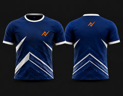 Front and back view of a royal blue and white round neck cricket jersey featuring bold chevron graphics, white accents, and orange chest and back logos.