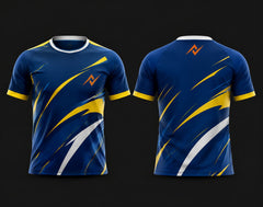 Front and back view of a royal blue and yellow round neck cricket jersey featuring dynamic wave graphics with an orange chest logo, customizable for cricket teams.