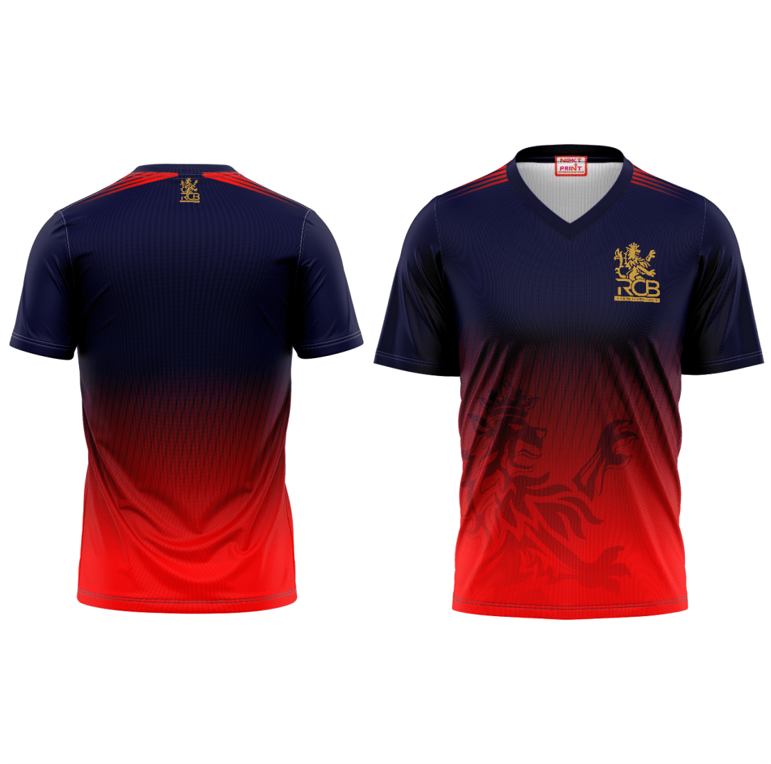 RCB IPL 2026 custom cricket jersey front and back view with red navy gradient design