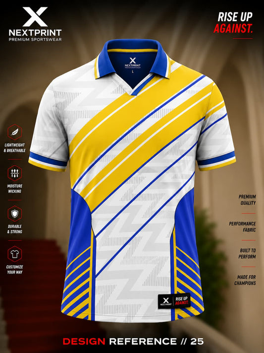 Front view of a white performance polo jersey featuring royal blue side panels and bold gold diagonal stripe graphics with a premium V-neck polo collar.