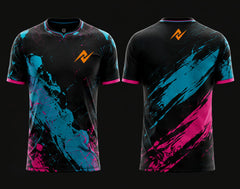 Front and back view of Royal Inferno Free Fire esports jersey featuring black and gold brush-stroke graphics with round neck collar and orange logo placement on chest and upper back neck.