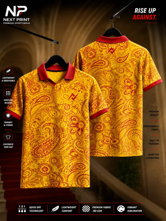 Royal Paisley Gold Polo Sports Jersey with red polo collar and premium yellow paisley sublimation design displayed from front and back.