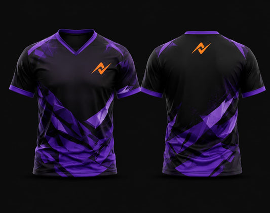 Front and back view of a black and royal purple V-neck cricket jersey featuring abstract geometric graphics with custom chest logo and back neck logo.