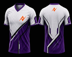 Front and back view of a white and purple V-neck esports jersey featuring futuristic geometric graphics with an orange logo on the chest and upper back.