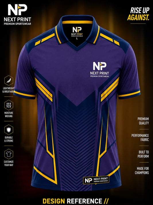 Royal purple polo sports jersey featuring navy blue and gold geometric accents made from premium lightweight dry-fit performance fabric.