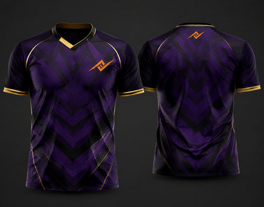 Royal purple and black custom V-neck cricket jersey featuring a chevron pattern with gold accents, logo on the chest and below the back neck, shown in front and back view.