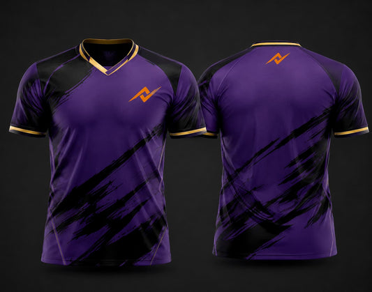 Royal purple and black custom V-neck cricket jersey with bold brush-stroke graphics, gold trim, chest logo, and back neck logo shown in front and back view.