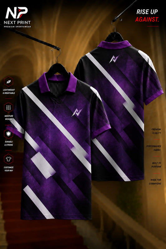 Purple and black polo sports jersey with bold white diagonal stripes shown in front and back views, made from premium dry-fit performance fabric.