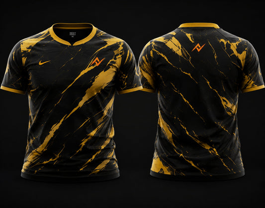 Front and back view of Royal Strike premium esports jersey featuring black and gold marble graphics, round neck collar, and professional gaming apparel styling.