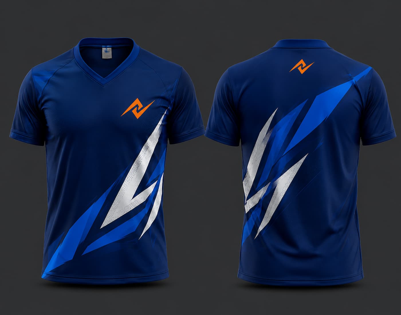 Front and back view of a royal blue V-neck cricket jersey featuring bold blue and white lightning graphics with an orange chest logo and back neck logo.