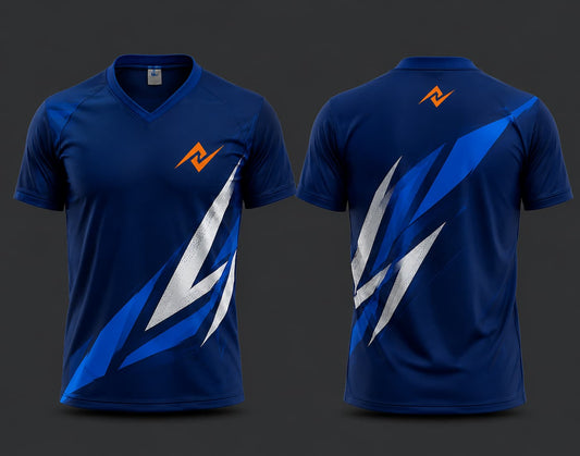 Front and back view of a royal blue V-neck cricket jersey featuring bold blue and white lightning graphics with an orange chest logo and back neck logo.