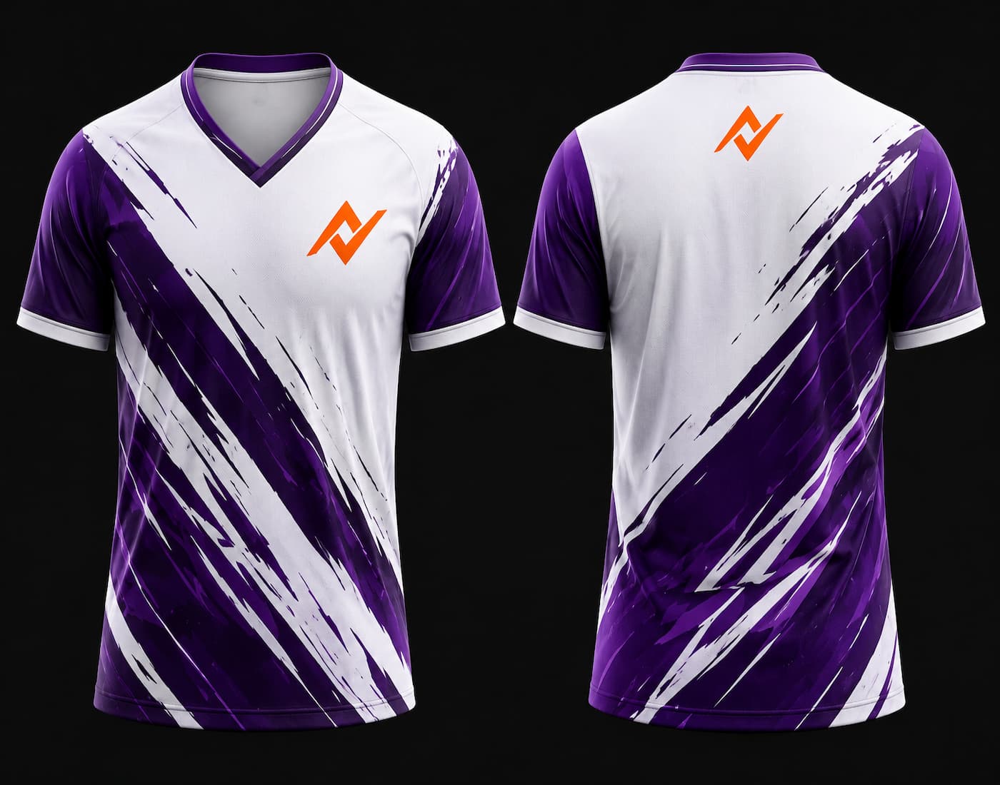 Front and back view of a white and purple V-neck esports gaming jersey featuring dynamic brush-stroke graphics, chest logo, and back neck logo.