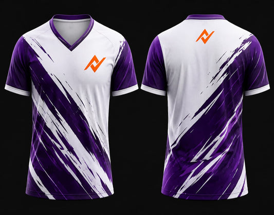 Front and back view of a white and purple V-neck esports gaming jersey featuring dynamic brush-stroke graphics, chest logo, and back neck logo.