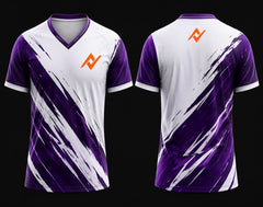 Front and back view of a white and purple V-neck esports gaming jersey featuring dynamic brush-stroke graphics, chest logo, and back neck logo.