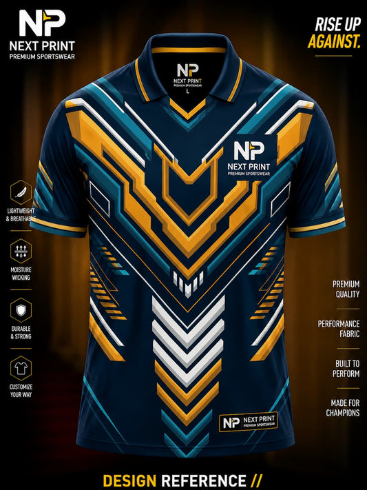 Front view of a navy blue performance polo jersey featuring bold gold, white, and cyan geometric graphics with a premium V-neck polo collar.