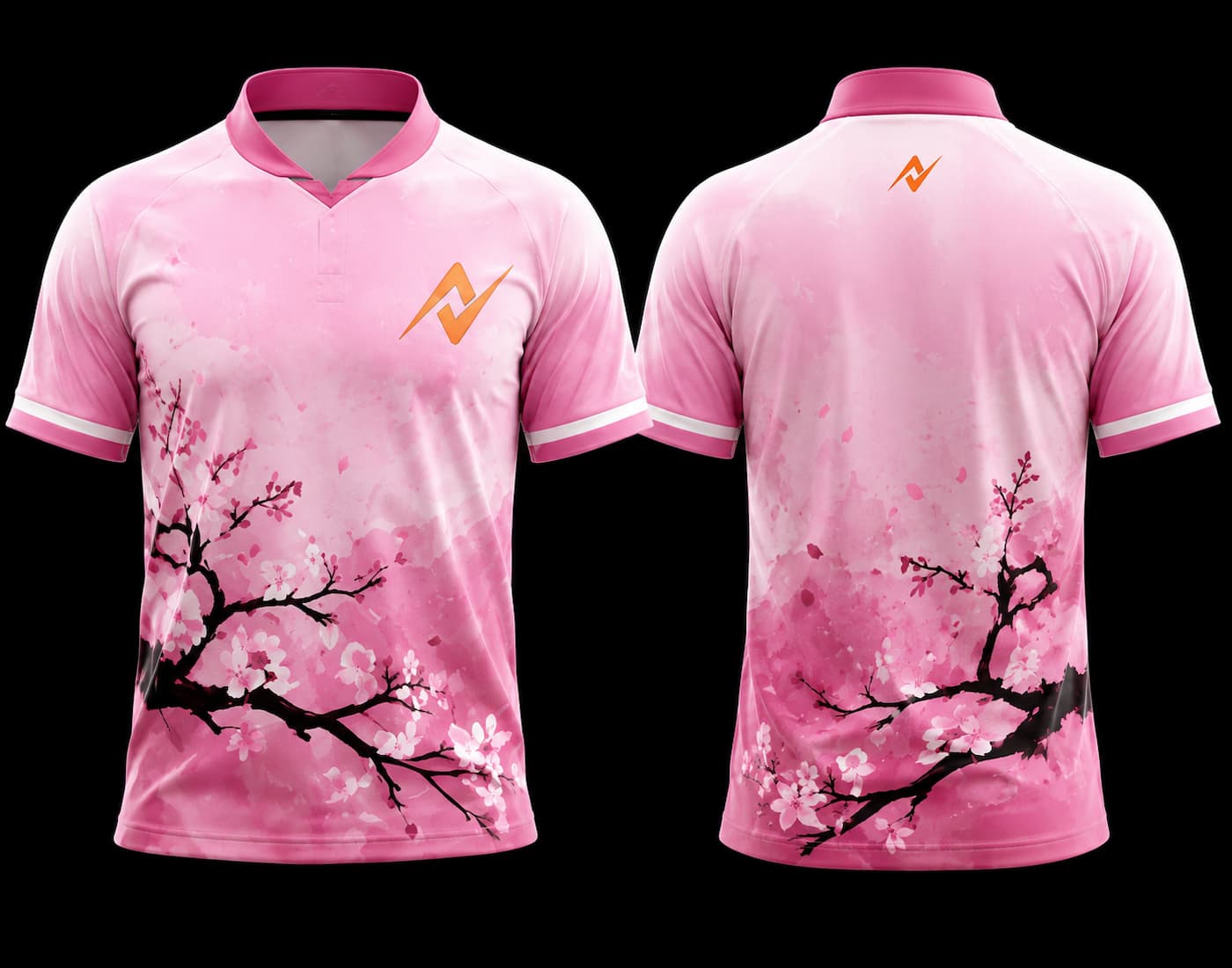 Pink Sakura Blossom esports jersey with Japanese cherry blossom graphics, orange chest logo, and matching orange back neck logo shown from front and back.