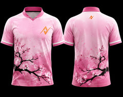 Pink Sakura Blossom esports jersey with Japanese cherry blossom graphics, orange chest logo, and matching orange back neck logo shown from front and back.