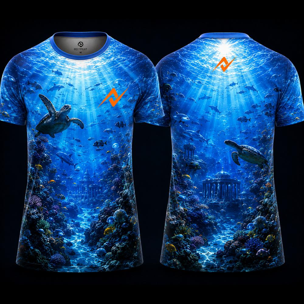 Sapphire Ocean World Turtle Round Neck Sports Jersey featuring underwater city, sea turtle, tropical fish, and premium blue ocean sublimation design by Next Print.