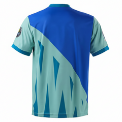 Aqua blue football jersey back view with customizable player number