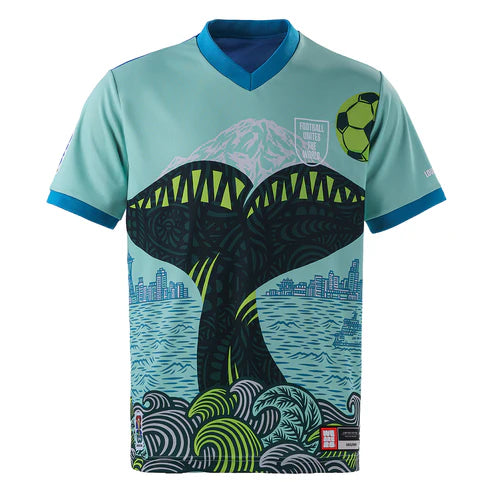 Seattle Host City Jersey 2026 Limited Edition Football Jersey Front View Featuring Seattle Skyline Waterfront and Pacific Northwest Inspired Artwork