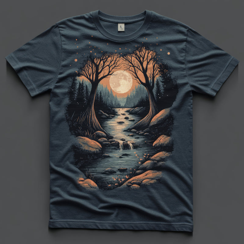 Next Print  T Shirt Serene night landscape with trees and moonlit river