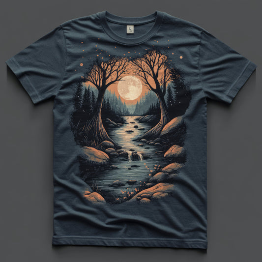 Next Print  T Shirt Serene night landscape with trees and moonlit river