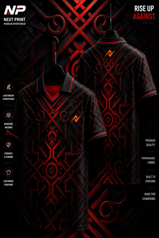 Front and back view of a black and crimson tribal pattern polo sports jersey made with premium dry-fit performance fabric.
