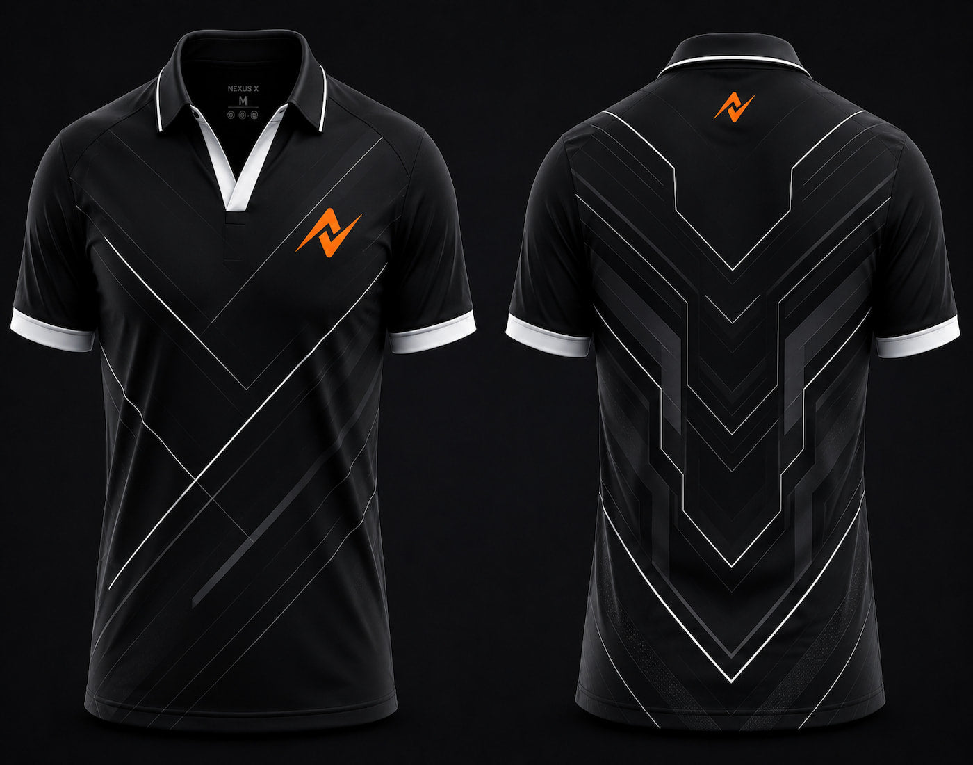 Front and back view of Shadow Line stealth black V-neck esports polo jersey featuring geometric white line graphics with side chest logo and back neck logo placement.