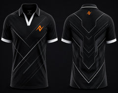 Front and back view of Shadow Line stealth black V-neck esports polo jersey featuring geometric white line graphics with side chest logo and back neck logo placement.