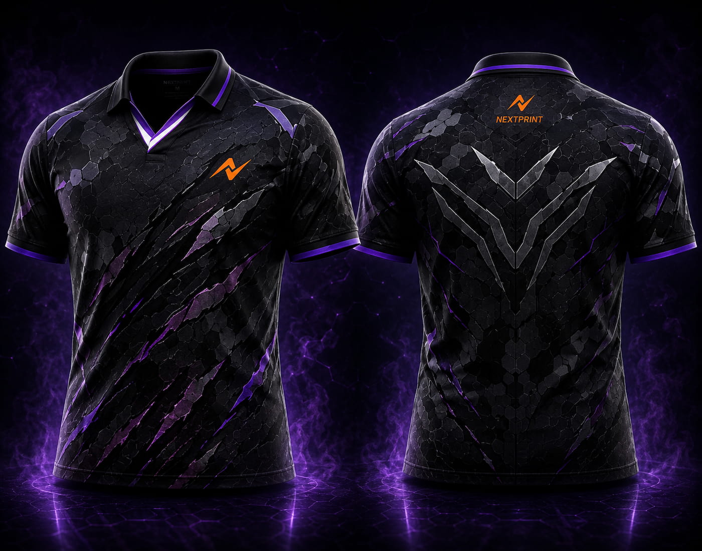 Front and back view of Shadow Protocol black and purple V-neck esports polo jersey featuring stealth armor textures, claw slash graphics, tactical emblem artwork, side chest logo, and back neck logo placement.