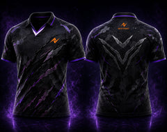 Front and back view of Shadow Protocol black and purple V-neck esports polo jersey featuring stealth armor textures, claw slash graphics, tactical emblem artwork, side chest logo, and back neck logo placement.