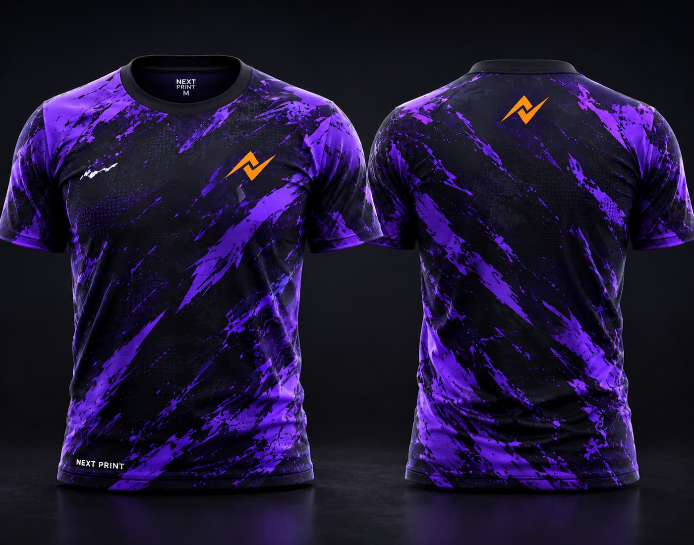 Front and back view of Shadow Pulse premium esports jersey featuring purple and black graphics, round neck collar, and professional gaming apparel styling.