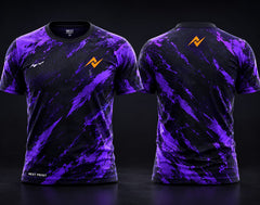 Front and back view of Shadow Pulse premium esports jersey featuring purple and black graphics, round neck collar, and professional gaming apparel styling.
