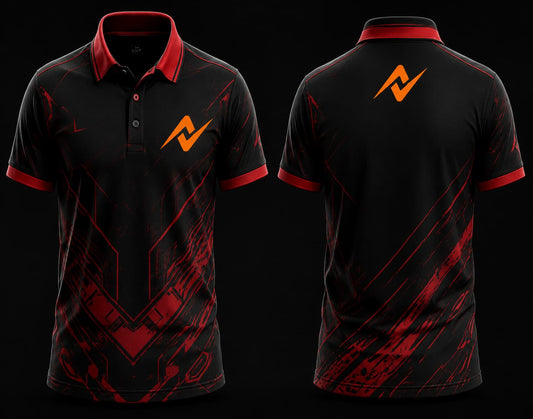 Front and back view of a black and red esports polo jersey featuring futuristic red geometric graphics, orange team logo, red collar accents, and customizable team branding.