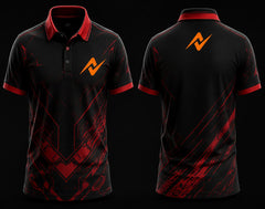 Front and back view of a black and red esports polo jersey featuring futuristic red geometric graphics, orange team logo, red collar accents, and customizable team branding.