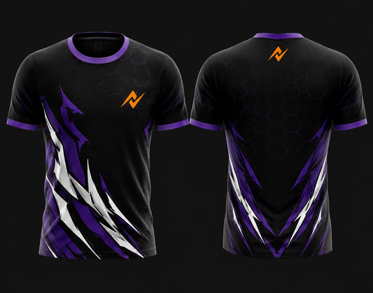 Front and back view of the Shadow Vortex Free Fire esports jersey featuring black, purple, and white graphics with round neck collar and orange logo placement on chest and back neck.